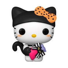 a hello kitty figurine holding a heart in it's hand and wearing a black hat