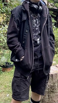 ✮⋆˙ alt fit, masc, alternative outfit, cargo shorts, denim vest, black outfit, grunge, queer, fall ✮⋆˙ Hoodie Alt Outfit, Comfy Goth Outfits Men, Masculine Dark Outfits, Modern Rock Outfit, Fall Outfit Inspo Aesthetic Men, Masc Grunge Aesthetic, Masculine Gender Envy, Alt Aesthetic Outfits Men, Emo Mens Outfits