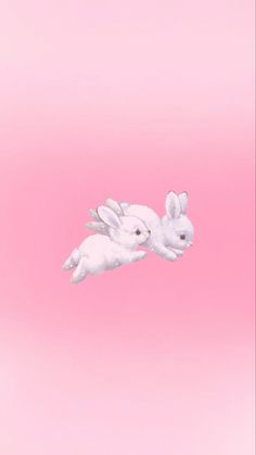 two white rabbits flying in the air on a pink and pink background with space for text