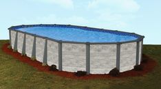 an above ground swimming pool in the middle of a grassy area with red mulch