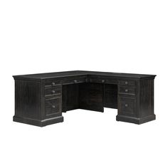 an executive desk with two drawers and one door open on the left side, in dark wood