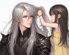 two anime characters one with long gray hair and the other with grey hair wearing black