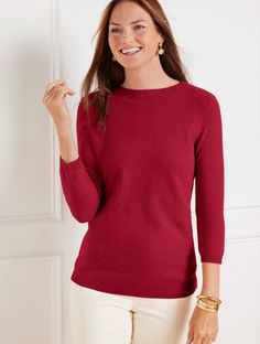 The luxe nature of cashmere, and Talbots unwavering attention to detail, make this a classic. For over seven decades, we have sought the highest quality fibers, then transformed them into the softest and most luxurious cashmere yarns found anywhere. And each color is nothing short of spectacular. Features Three-Quarter Sleeve Hits At Hip Crew Neck Pullover Straight hem Imported Fit: Misses: 24 1/2"; Petite: 23 1/2"; Plus: 26 1/2"; Plus Petite: 25" Material: 100% Cashmere Care: Hand Wash Cold; Only Non-Chlorine Bleach When Needed; Do Not Dry Clean; Turn Garment Inside Out; Reshape, Lay Flat To Dry; Cool Iron On Reverse | Audrey Cashmere Sweater Talbots Red Crewneck, Cashmere Yarn, Talbots Sweater, Shopping Event, Classic Style Women, Fashion Event, Cashmere Sweater, Crewneck Sweater, Red Sweaters