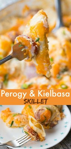 a person holding a fork over a plate with food on it and the words peopy & kiebbasa skillet