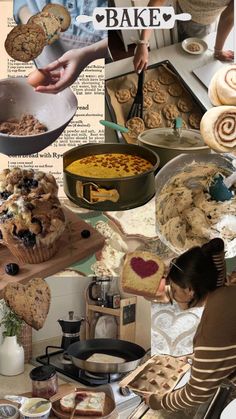 a collage of photos with various baked goods and people in the process of baking