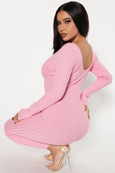 Available In Black, Red, Pink, Blue And Taupe Ribbed Dress V Neckline Ankle Length Long Sleeve Knit 80% Viscose 20% Nylon Imported | Kallan Knit Dress in Pink size 1X by Fashion Nova Kallan Knit Dress, Ribbed Sweater Dress, Long Sweater Dress, Ribbed Dress, Off Shoulder Fashion, Xl Fashion, Ribbed Dresses, Baddie Hairstyles, Knit Midi