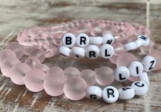 These beautiful Frosted Pink Glass beads are so fun, and the message options are endless! Choose from the 4mm, 6mm, 8mm, or 10 mm bead sizes. Treat yourself and a special someone with these custom message bracelets. *How To Order* - Select your bracelet size ( see info below to choose the perfect fit). - In the "Personalization" section, provide the name or message you'd like on the bracelet and checkout. *Sizing* If you are unsure what size to purchase, an average female bracelet size is 7 inches. Please measure your exact wrist size for the best fit, and I will make the adjustments. Average Sizes (wrist measurements): - Young Teen --> 5.5 inches - Petite Adult --> 6 inches - Average Adult --> 6.5 inches - Average Mens --> 7.5 inches This is just a guide; please measure your wrist for acc Message Bracelets, Letter Bracelets, Name Bracelets, Message Bracelet, Bead Sizes, Letter Bracelet, Name Bracelet, Pink Glass, Stretch Bracelet