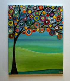 a painting of a tree with colorful circles on it's trunk and the sky in the background