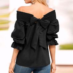 Material:Cotton,Polyester Clothing Length:Regular Style:Casual Fabric Type:Broadcloth Sleeve Length(cm):Three Quarter Decoration:Bow Pattern Type:Solid Collar:Slash neck Sleeve Style:Regular Model Number:WBS62-A Gender:Women Bowknot Blouse, Off The Shoulder Blouse, Bow Shirts, Autumn Clothes, Bow Blouse, Loose Blouse, Spring Tops, Women Shirts Blouse, Urban Chic