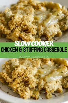 slow cooker chicken and stuffing casserole on a white plate with text overlay