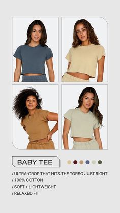 three women in crop tops and shorts with the text baby tee on it, below them