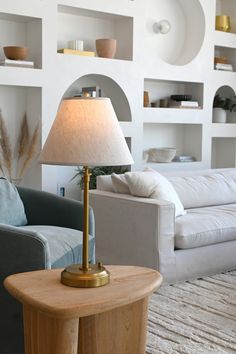 a living room filled with furniture and a lamp