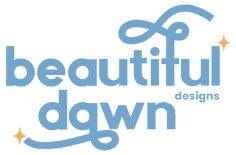 the logo for beautiful dawn designs, which is featured in blue and white with stars on it