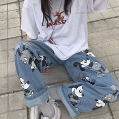 Disney Mickey Mouse Printed Baggy Jeans Y2K Women's Low Waist Jeans New Spring Autumn Oversize Wide Mickey Mouse House, Low Waist Jeans, Mickey Mouse Club, Vintage Crop Tops, Mouse Print, Jeans Y2k, Long Trousers, Long Jeans, Printed Jeans