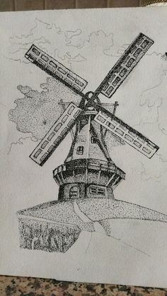 a drawing of a windmill on top of a hill