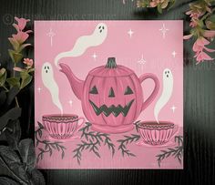 a painting of a teapot and two cups with jack - o'- lanterns on them