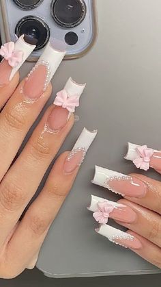 Simple Medium Acrylic Nails, Pearl French Tips, 20 Birthday Nails, Sweet 16 Nails, White Nail Ideas, Bow Nail Designs, Bow Nail, Hard Nails