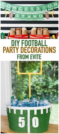 a football themed party with green and white decorations, including an easy diy football decoration