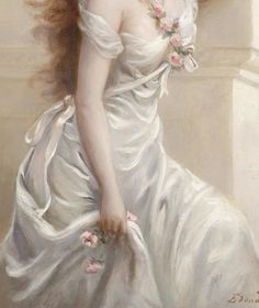 a painting of a woman in a white dress with flowers on her head and hair blowing in the wind