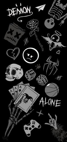 a black and white poster with various items on it, including dices, roses, skulls