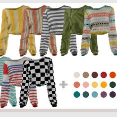 an image of baby clothes with different colors and patterns on them, including ones that look like sweaters or pants