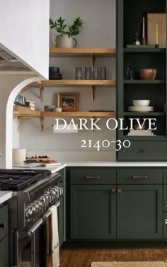 a kitchen with dark olive green cabinets and white counter tops, wood floors, and open shelving