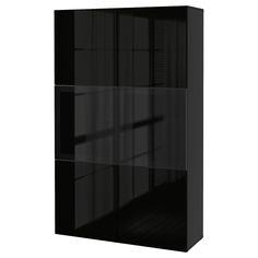 a black cabinet with glass doors on the front and bottom shelves, against a white background