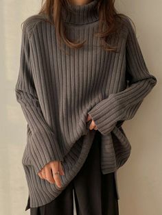 Casual Long Sleeves Loose Split-Side Solid Color High-Neck Sweater Tops CARAMEL-One_size Wind Coat, Winter Sweater Dresses, Winter Typ, Long Knit Sweater, Sweater Tops, Black Jumper, Ladies Turtleneck Sweaters, Knit Bottom, High Neck Sweater