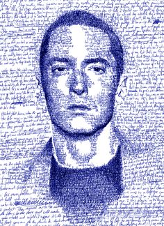 a drawing of a man's face on top of a page with words all over it