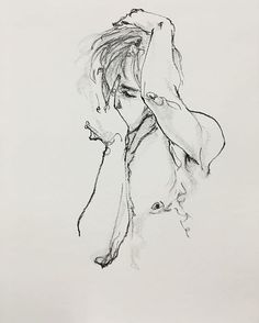 a black and white drawing of a woman's head with her hands in her hair