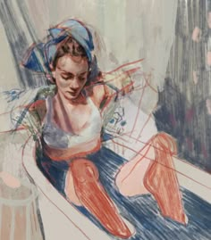 a drawing of a woman sitting in a bathtub