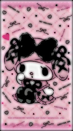 a pink and black hello kitty wallpaper with hearts