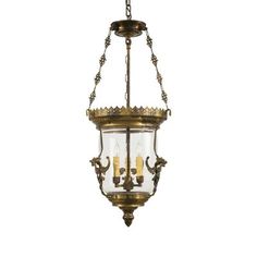 an antique brass chandelier with three lights hanging from it's center point