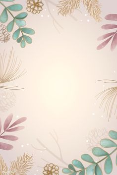 an abstract floral background with gold and green leaves, snowflakes and pine cones