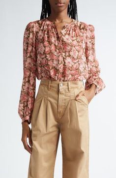 Allover blooms romance this blousy shirt crafted from luxurious silk. 32" length Front button closure Band collar Long sleeves 100% silk Dry clean Imported Printed Silk Shirt, Band Collar, Veronica Beard, Silk Shirt, Silk Printing, Size 16, Floral Print, Size 2, Top Blouse