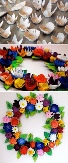 paper flowers are arranged in the shape of wreaths