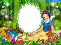 snow white and the seven dwarfs in front of an empty sign surrounded by forest animals