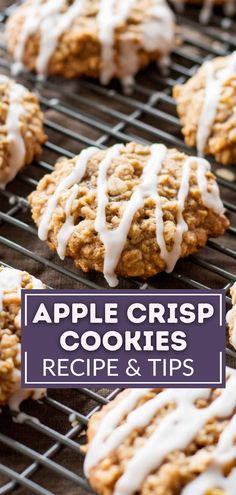 apple crisp cookies with white icing on a cooling rack and text overlay that reads, apple crisp cookies recipe & tips