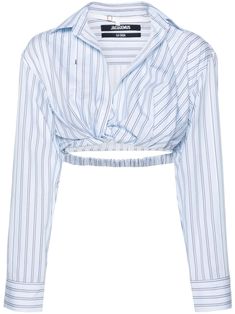 light blue/white/black cotton poplin texture vertical stripe pattern spread collar drop shoulder long sleeves buttoned cuffs twist detailing elasticated band cropped concealed press-stud fastening concealed front button fastening City Dress, Stripe Top, Blue White And Black, Summer Beach Wear, Jumpers For Women, Cotton Style, Cotton Poplin, Stripes Pattern, Drop Shoulder