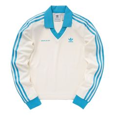 Shop (WMNS) adidas Originals x Sporty & Rich Long Sleeve Jersey 'Cream White Blue' IN5249 at KICKS CREW — your go-to for authentic, stylish sneakers. Whether for fashion, performance, or collection, find your perfect pair with us. Racer Clothes, Adidas Clothes, White Tees Outfit, Trippy Clothes, 80s Adidas, Adidas Long Sleeve, Jersey Fashion, Adidas Jersey, Art Outfit