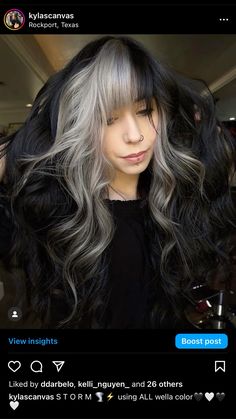 Black And Silver Hair With Bangs, Color Blocked Bangs, Color Blocked Hair, Hair Color Blocking, Silver And Black Hair, Color Blocking Hair, Dark Hair Makeup