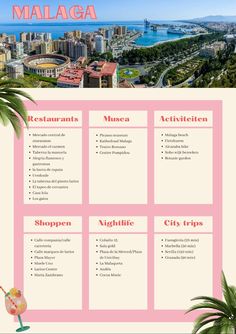 a pink menu with the names of different places in front of it and palm trees