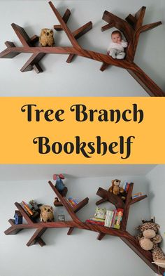 there is a tree branch book shelf with stuffed animals on it and the words, tree branch bookshelf