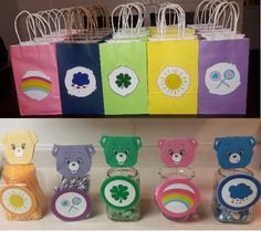 there are many small bags with bears on them and one has a rainbow in it