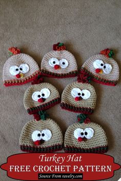 six turkey hat crochet patterns on the floor