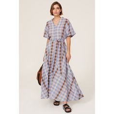 Blue plaid polyester blend (51% Recycled Polyester, 40% Organic Cotton, 9% Polyamide). Hourglass. V-neck. Short sleeves. Pull-on. 56" from shoulder to hemline. Imported. Pink Brown, Blue Print, Blue Plaid, Blue Dresses, Organic Cotton, Shirt Dress, Midi Dress, Short Sleeves, Plaid