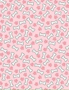 a pink background with white dog bones and flowers