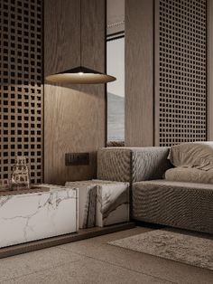 a modern living room with wood paneling and marble furniture