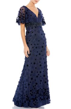 Floral Appliqué Flutter Sleeve Gown | Nordstrom Empire Waist Gown, Mac Duggal Dress, Mac Duggal Dresses, Elegant Prom Dresses, Floral Gown, Perfect Prom Dress, Column Gown, Lace Dress With Sleeves, Column Dress