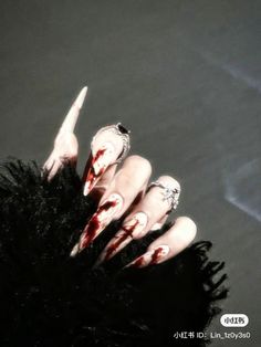 Corpse Nails Design, Alt Long Nails, Black Nails With Blood Splatter, Dark Themed Nails, Dark Nail Aesthetic, Southern Gothic Nails, Pierced Nails Acrylic, Resident Evil Nails, Vampire Nails Aesthetic